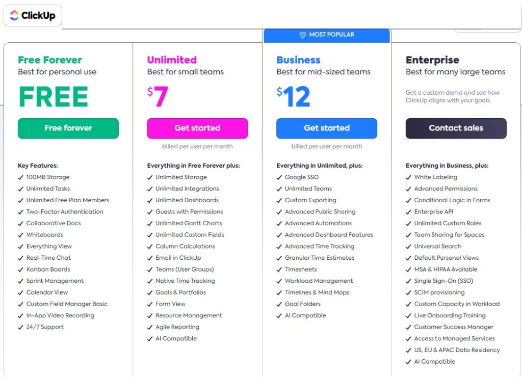 Clickup pricing plans july 2024